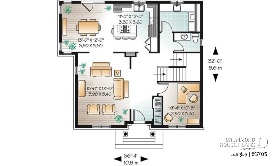 1st level - English style 4 bedroom home design with home office, 2.5 baths, kitchen island, laundry room - Langley