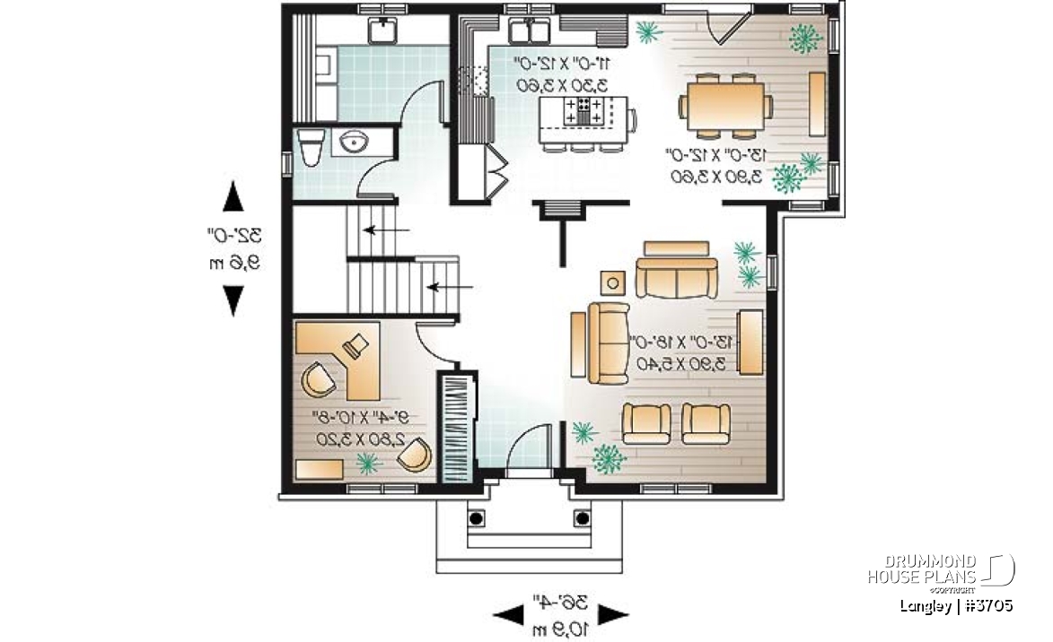 1st level - English style 4 bedroom home design with home office, 2.5 baths, kitchen island, laundry room - Langley