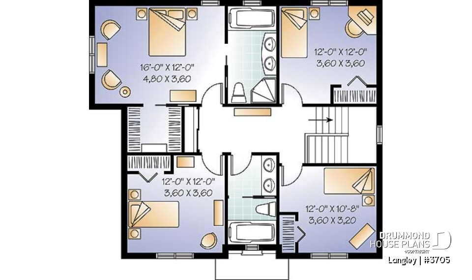 2nd level - English style 4 bedroom home design with home office, 2.5 baths, kitchen island, laundry room - Langley