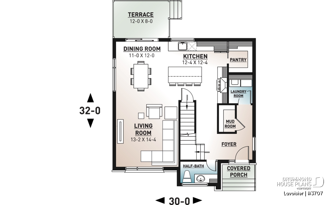 1st level - Two-storey modern cubic house plan with pantry, laundry room, kitchen island, 3 bedrooms, 1.5 baths - Lavoisier