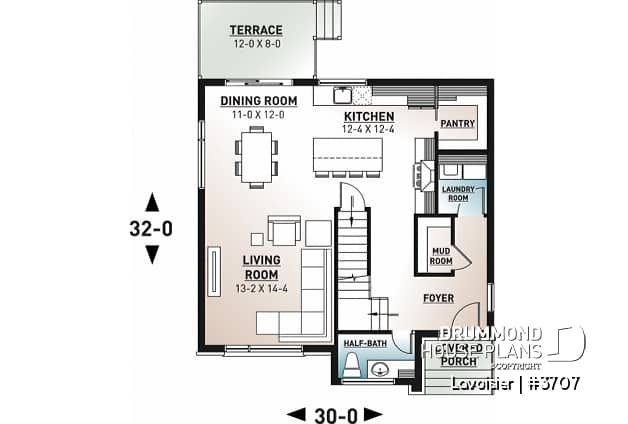 1st level - Two-storey modern cubic house plan with pantry, laundry room, kitchen island, 3 bedrooms, 1.5 baths - Lavoisier
