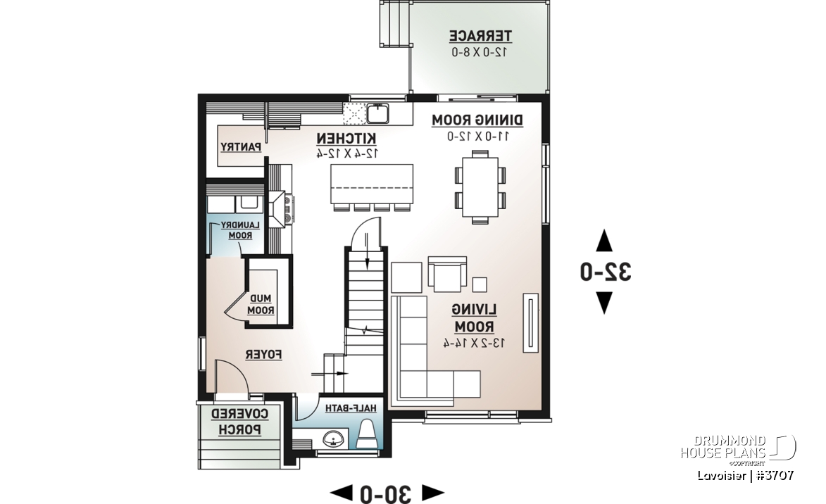 1st level - Two-storey modern cubic house plan with pantry, laundry room, kitchen island, 3 bedrooms, 1.5 baths - Lavoisier