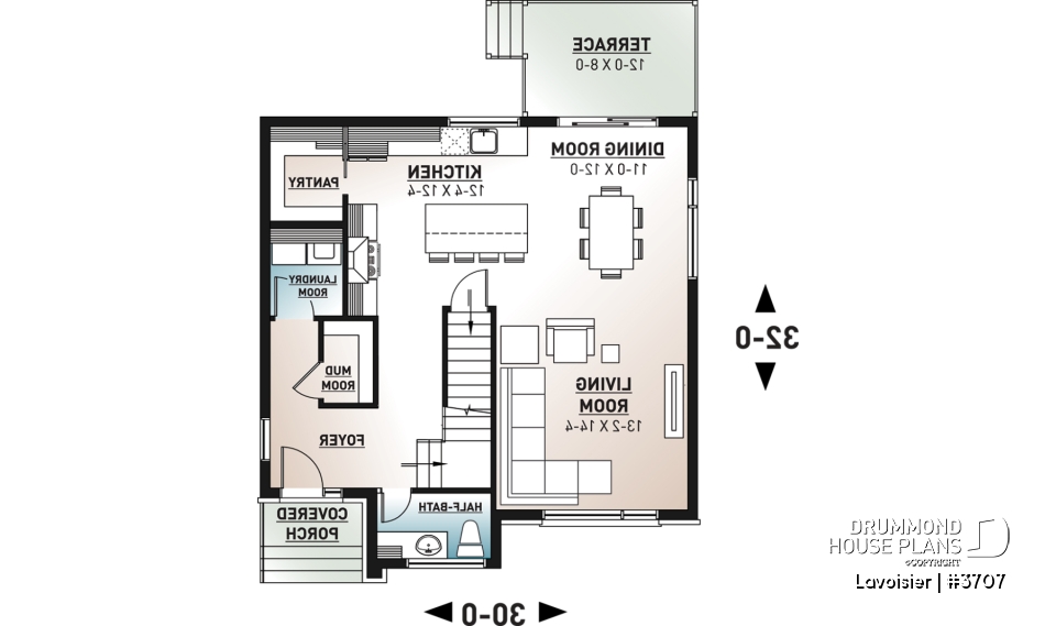 1st level - Two-storey modern cubic house plan with pantry, laundry room, kitchen island, 3 bedrooms, 1.5 baths - Lavoisier