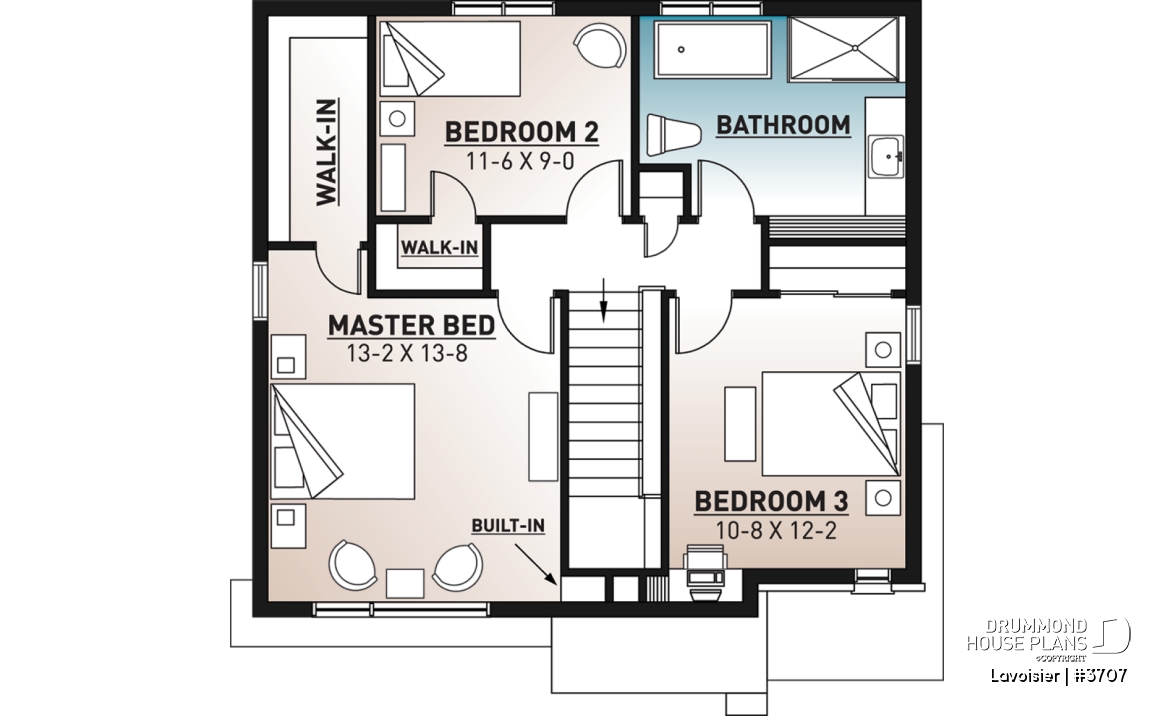2nd level - Two-storey modern cubic house plan with pantry, laundry room, kitchen island, 3 bedrooms, 1.5 baths - Lavoisier