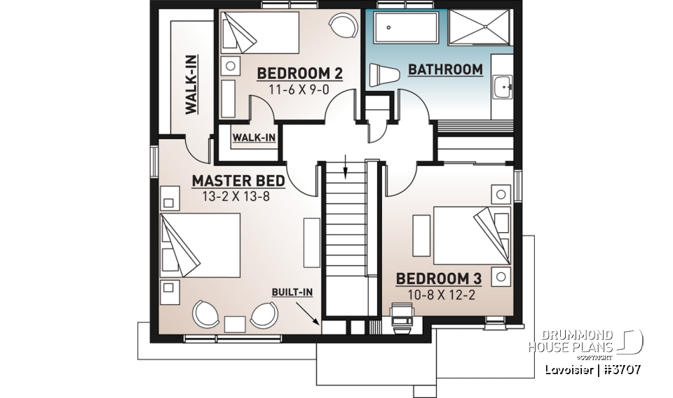 2nd level - Two-storey modern cubic house plan with pantry, laundry room, kitchen island, 3 bedrooms, 1.5 baths - Lavoisier