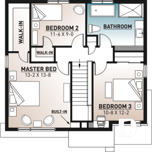 2nd level - Two-storey modern cubic house plan with pantry, laundry room, kitchen island, 3 bedrooms, 1.5 baths - Lavoisier