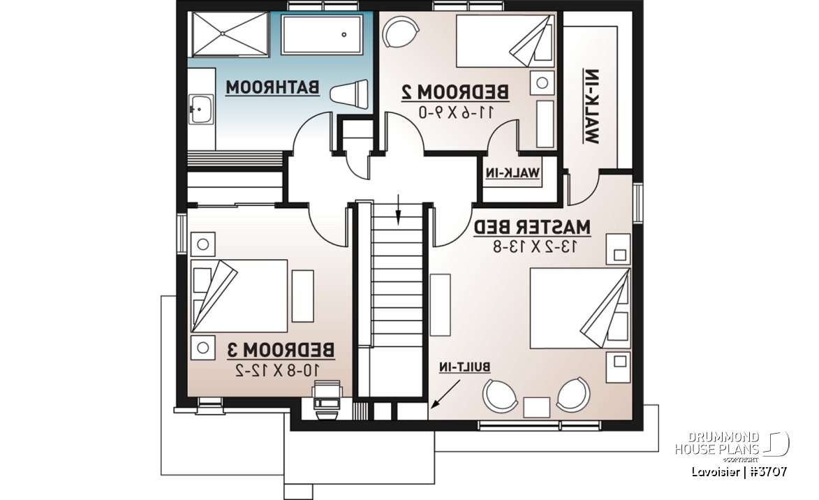 2nd level - Two-storey modern cubic house plan with pantry, laundry room, kitchen island, 3 bedrooms, 1.5 baths - Lavoisier