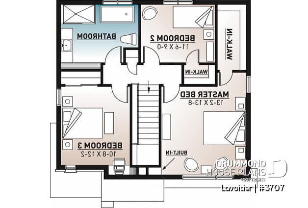 2nd level - Two-storey modern cubic house plan with pantry, laundry room, kitchen island, 3 bedrooms, 1.5 baths - Lavoisier