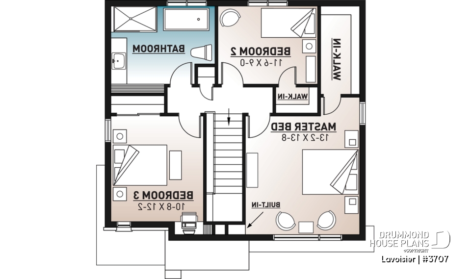 2nd level - Two-storey modern cubic house plan with pantry, laundry room, kitchen island, 3 bedrooms, 1.5 baths - Lavoisier