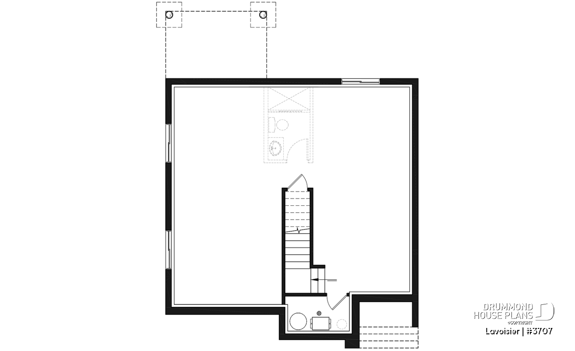 Basement - Two-storey modern cubic house plan with pantry, laundry room, kitchen island, 3 bedrooms, 1.5 baths - Lavoisier