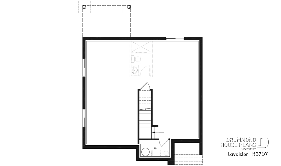 Basement - Two-storey modern cubic house plan with pantry, laundry room, kitchen island, 3 bedrooms, 1.5 baths - Lavoisier
