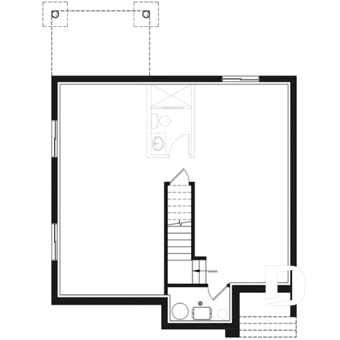 Basement - Two-storey modern cubic house plan with pantry, laundry room, kitchen island, 3 bedrooms, 1.5 baths - Lavoisier