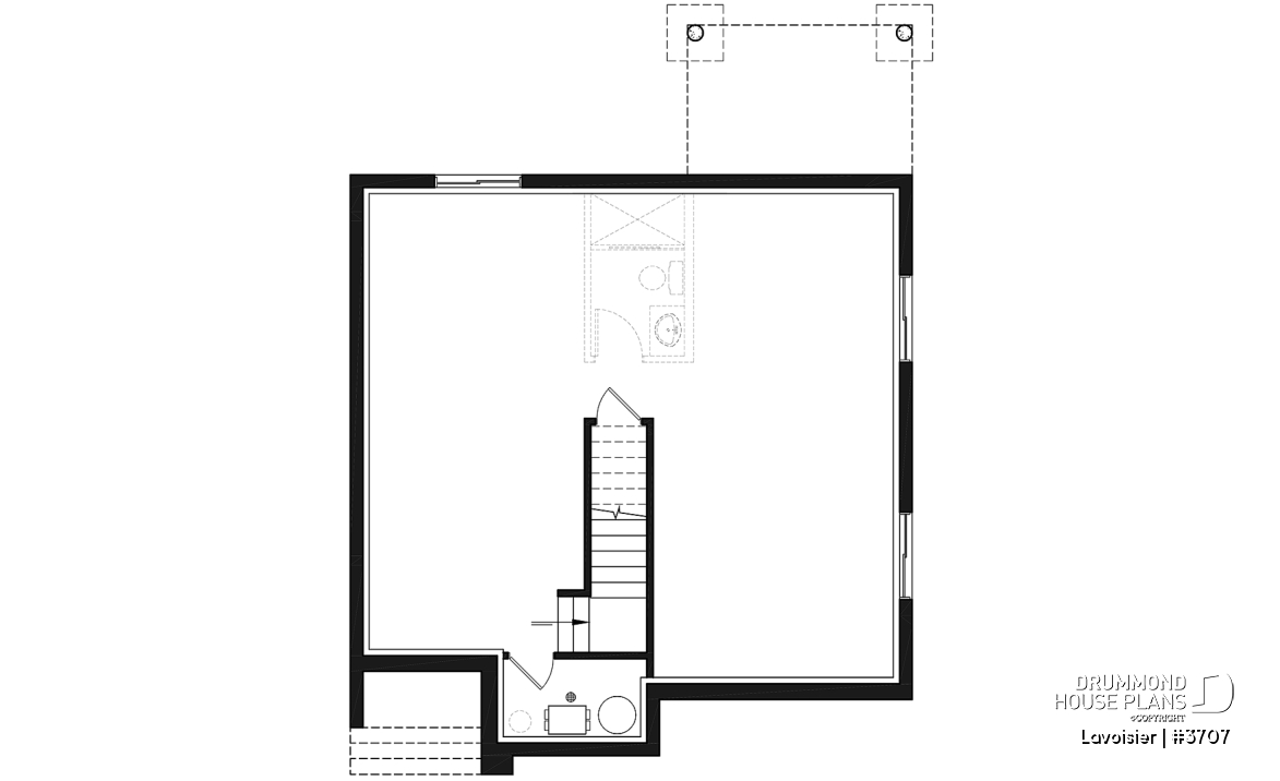 Basement - Two-storey modern cubic house plan with pantry, laundry room, kitchen island, 3 bedrooms, 1.5 baths - Lavoisier