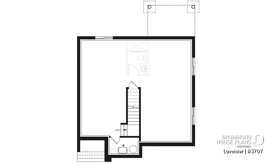 Basement - Two-storey modern cubic house plan with pantry, laundry room, kitchen island, 3 bedrooms, 1.5 baths - Lavoisier