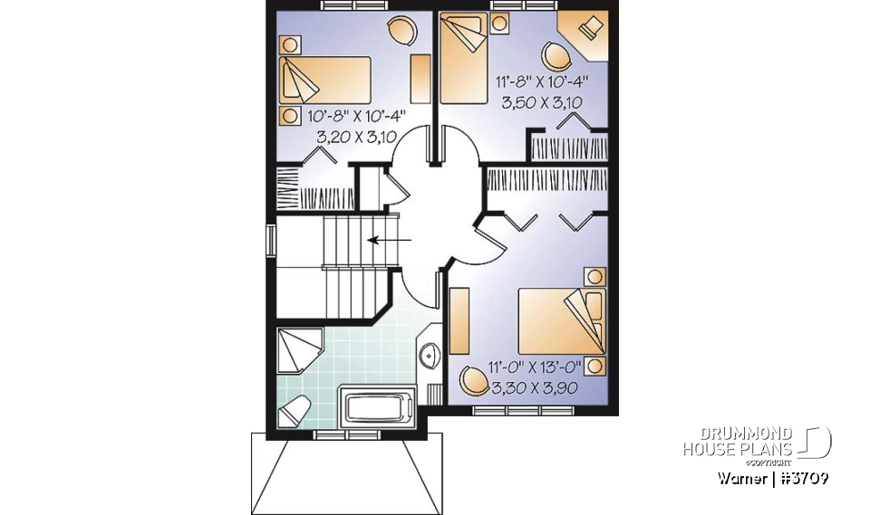 2nd level - 2 storey, 3 bedroom American style home plan, open floor plan &amp;  large foyer, many foundation options avail. - Warner