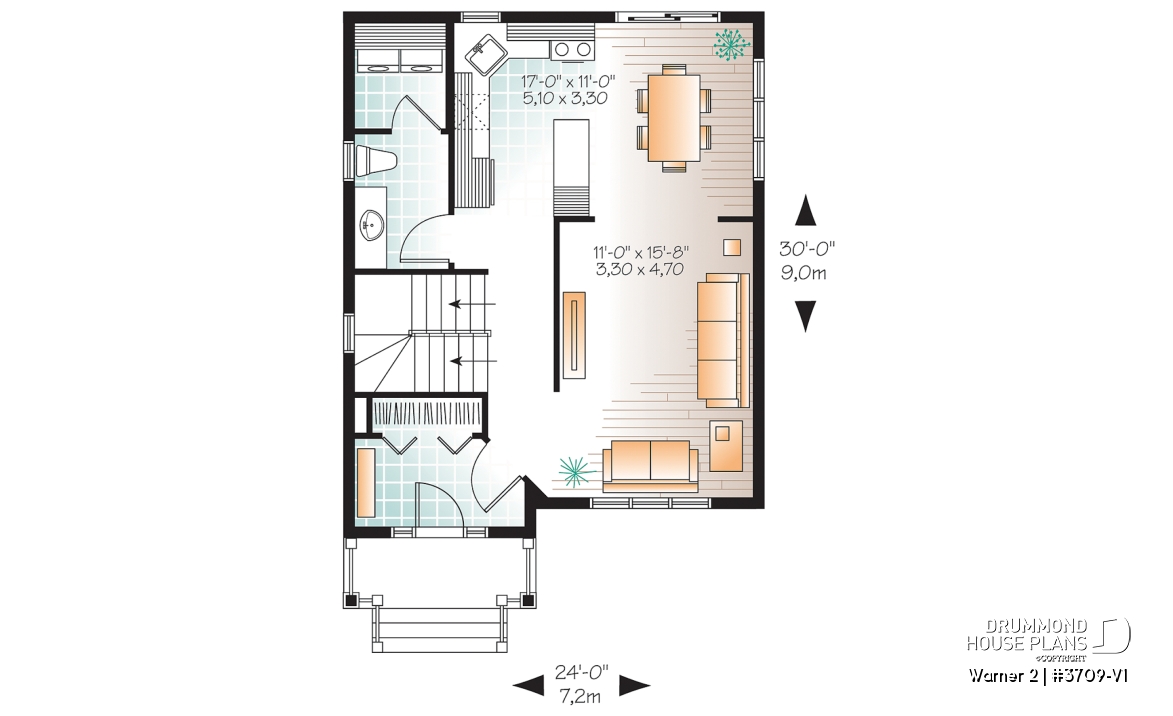 1st level - Very affordable American classic 2 storey home plan, 3 bedrooms, ideal for narrow building site - Warner 2