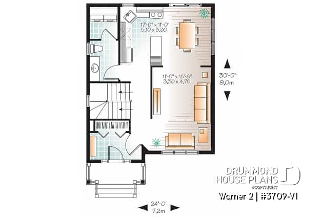 1st level - Very affordable American classic 2 storey home plan, 3 bedrooms, ideal for narrow building site - Warner 2