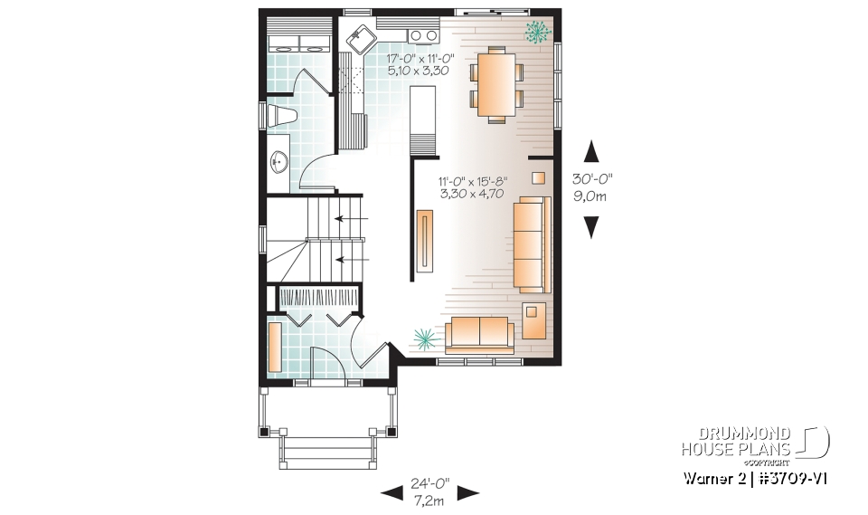1st level - Very affordable American classic 2 storey home plan, 3 bedrooms, ideal for narrow building site - Warner 2
