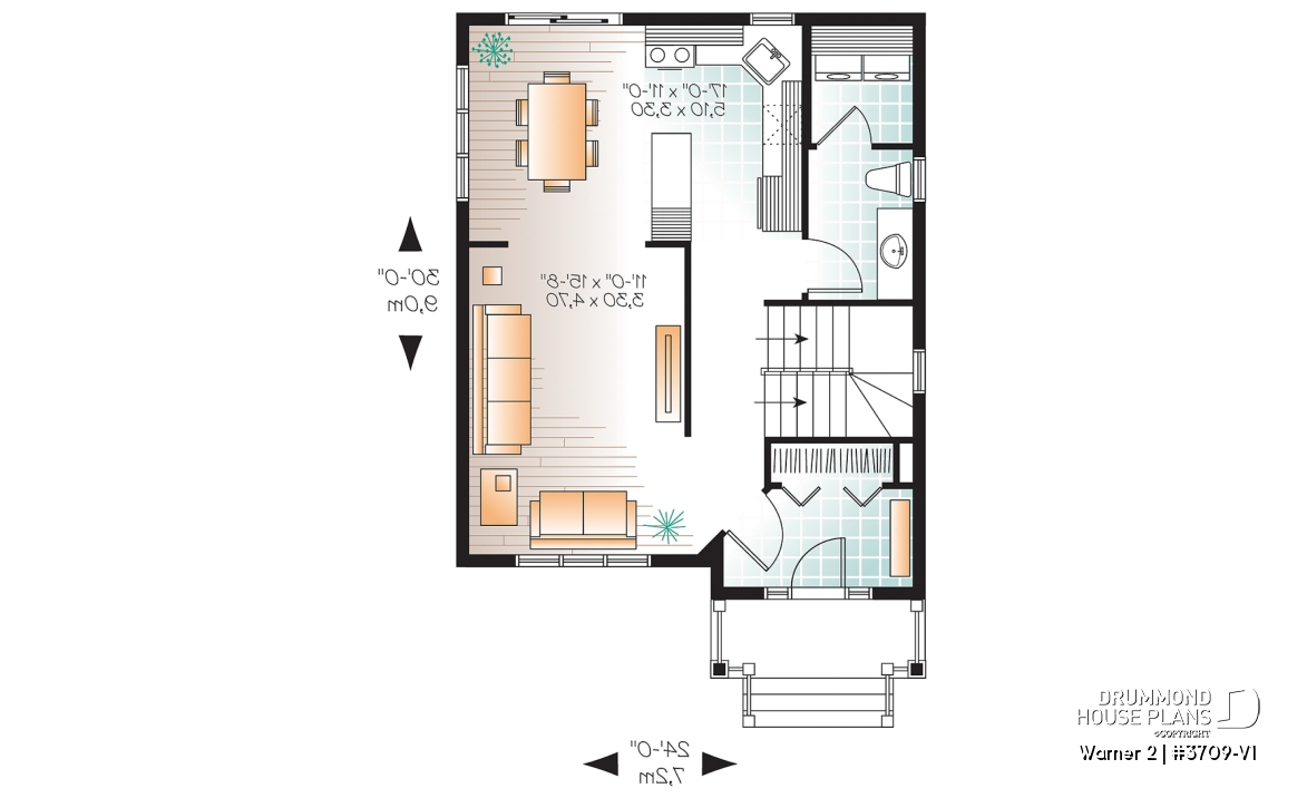 1st level - Very affordable American classic 2 storey home plan, 3 bedrooms, ideal for narrow building site - Warner 2