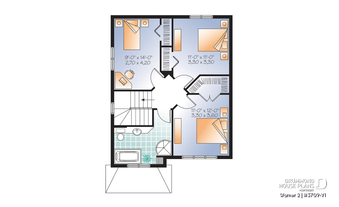 2nd level - Very affordable American classic 2 storey home plan, 3 bedrooms, ideal for narrow building site - Warner 2