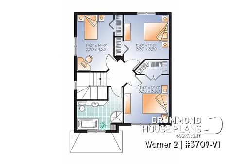 2nd level - Very affordable American classic 2 storey home plan, 3 bedrooms, ideal for narrow building site - Warner 2