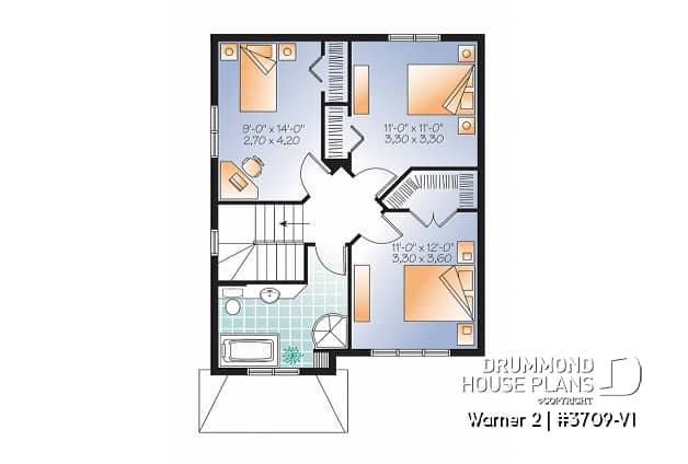 2nd level - Very affordable American classic 2 storey home plan, 3 bedrooms, ideal for narrow building site - Warner 2