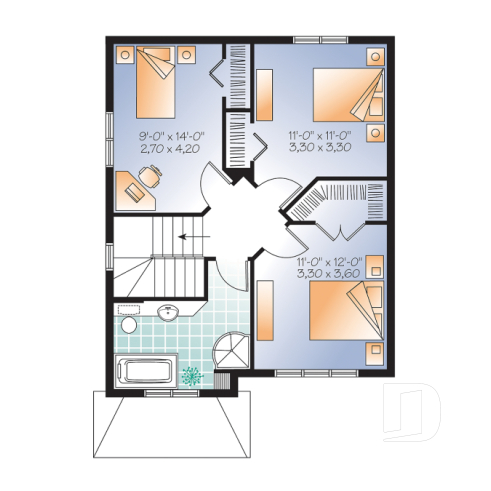 2nd level - Very affordable American classic 2 storey home plan, 3 bedrooms, ideal for narrow building site - Warner 2