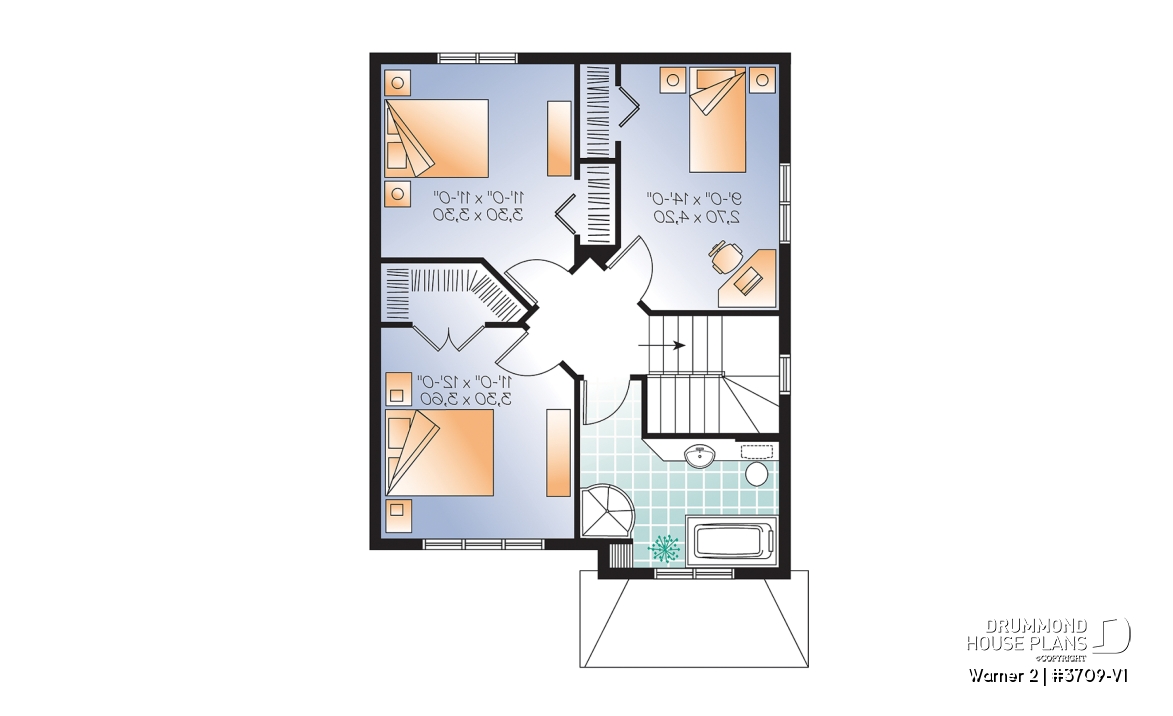 2nd level - Very affordable American classic 2 storey home plan, 3 bedrooms, ideal for narrow building site - Warner 2
