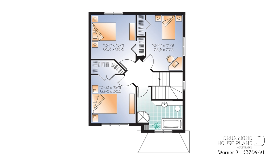 2nd level - Very affordable American classic 2 storey home plan, 3 bedrooms, ideal for narrow building site - Warner 2