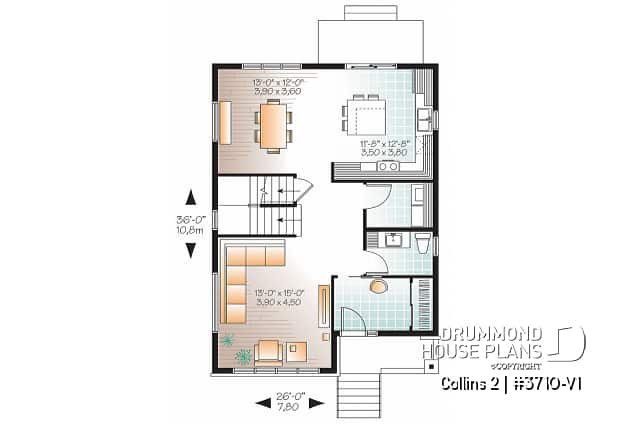 1st level - Affordable Modern home plan with open kitchen / dining area, 3 bedrooms, mudroom and large laundry room - Collins 2