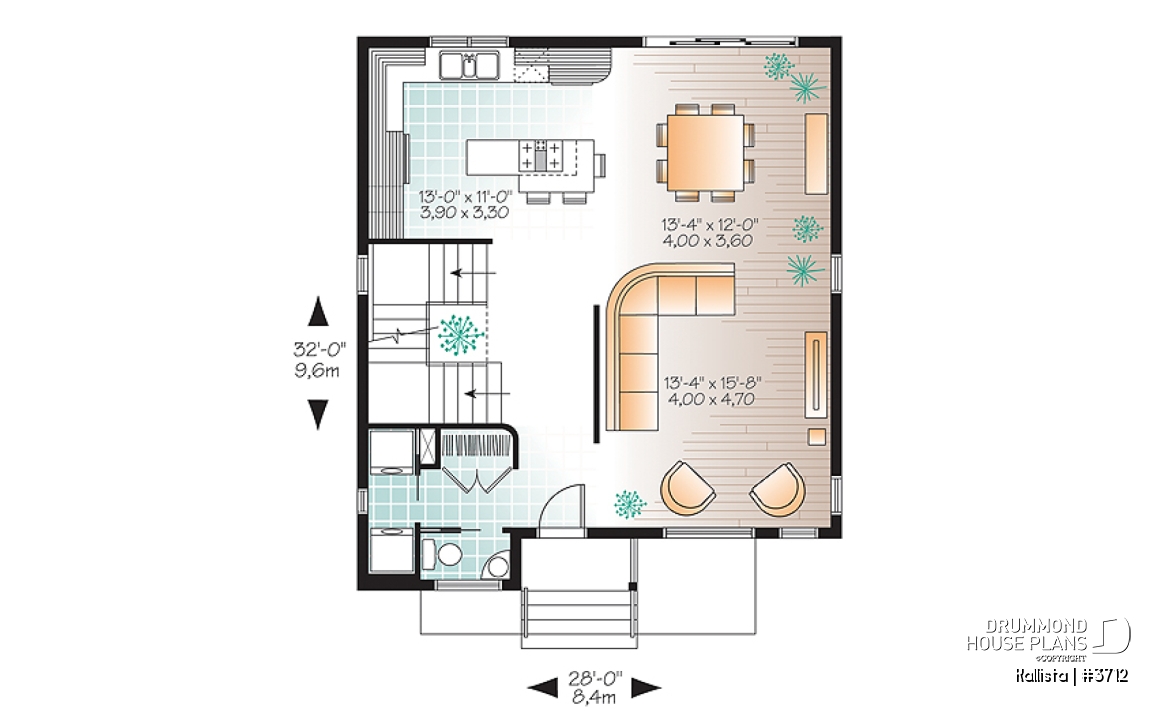 1st level - Spacious 3 bedroom contemporary house plan on two floors, open floor plan, large bathroom - Kallista