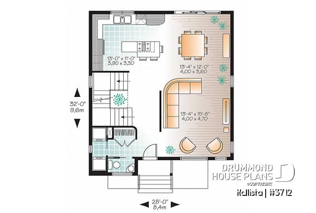 1st level - Spacious 3 bedroom contemporary house plan on two floors, open floor plan, large bathroom - Kallista