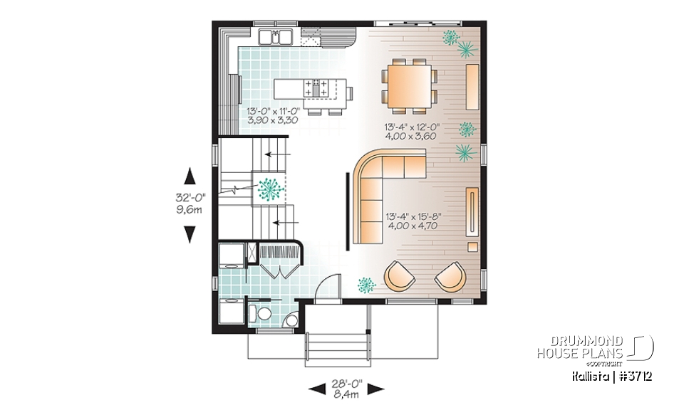 1st level - Spacious 3 bedroom contemporary house plan on two floors, open floor plan, large bathroom - Kallista