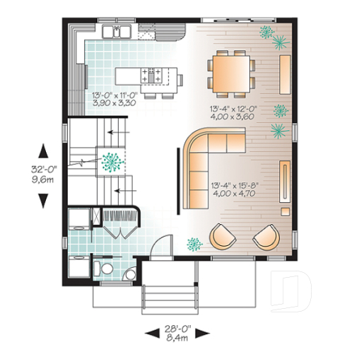 1st level - Spacious 3 bedroom contemporary house plan on two floors, open floor plan, large bathroom - Kallista