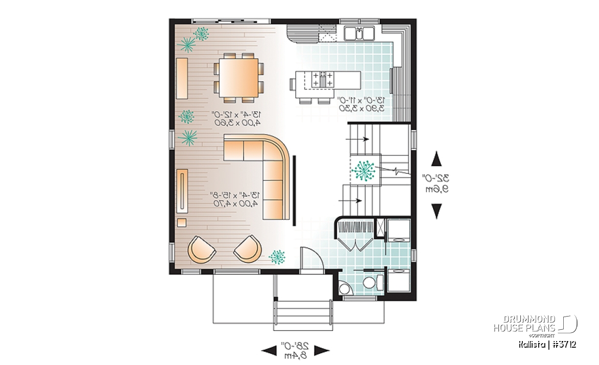 1st level - Spacious 3 bedroom contemporary house plan on two floors, open floor plan, large bathroom - Kallista