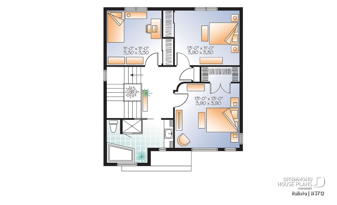 2nd level - Spacious 3 bedroom contemporary house plan on two floors, open floor plan, large bathroom - Kallista