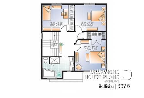 2nd level - Spacious 3 bedroom contemporary house plan on two floors, open floor plan, large bathroom - Kallista