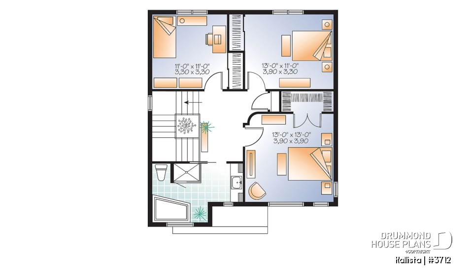 2nd level - Spacious 3 bedroom contemporary house plan on two floors, open floor plan, large bathroom - Kallista