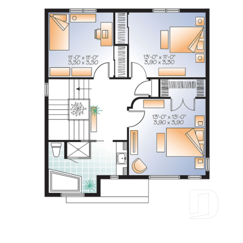2nd level - Spacious 3 bedroom contemporary house plan on two floors, open floor plan, large bathroom - Kallista