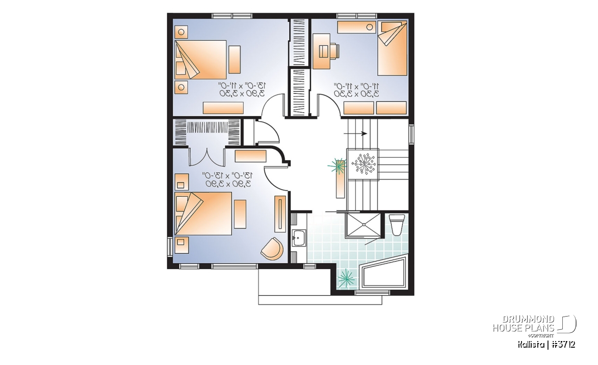 2nd level - Spacious 3 bedroom contemporary house plan on two floors, open floor plan, large bathroom - Kallista