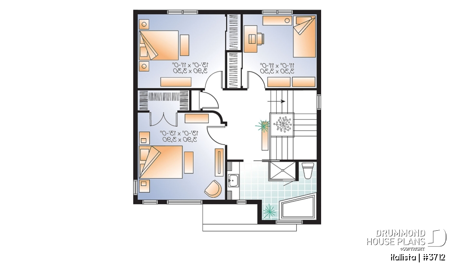 2nd level - Spacious 3 bedroom contemporary house plan on two floors, open floor plan, large bathroom - Kallista