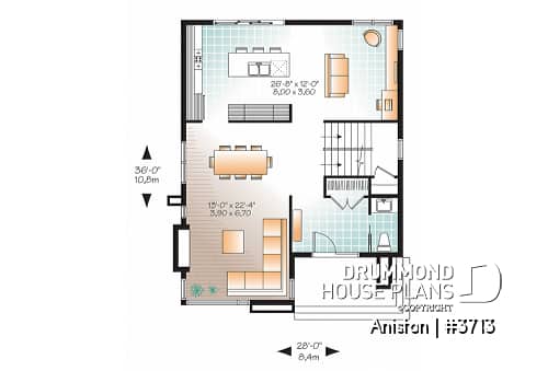 1st level - Attractive & Affordable Small Contemporary home plan, 3 bedrooms with 2 family rooms, master with walk-in - Sequoia