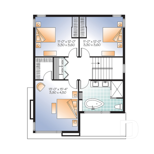 2nd level - Attractive & Affordable Small Contemporary home plan, 3 bedrooms with 2 family rooms, master with walk-in - Sequoia