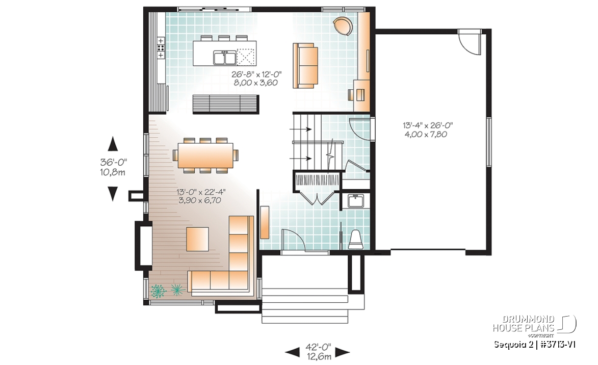 1st level - Affordable Modern home plan, garage, 3 beds, 1.5 baths, family &amp; living rooms, 9' ceiling on main, fireplace - Sequoia 2