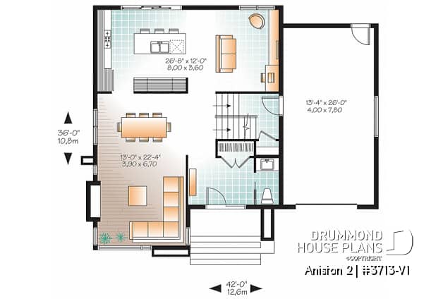 1st level - Affordable Modern home plan, garage, 3 beds, 1.5 baths, family & living rooms, 9' ceiling on main, fireplace - Sequoia 2