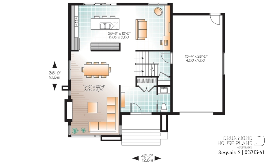 1st level - Affordable Modern home plan, garage, 3 beds, 1.5 baths, family &amp; living rooms, 9' ceiling on main, fireplace - Sequoia 2