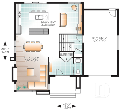 1st level - Affordable Modern home plan, garage, 3 beds, 1.5 baths, family & living rooms, 9' ceiling on main, fireplace - Sequoia 2
