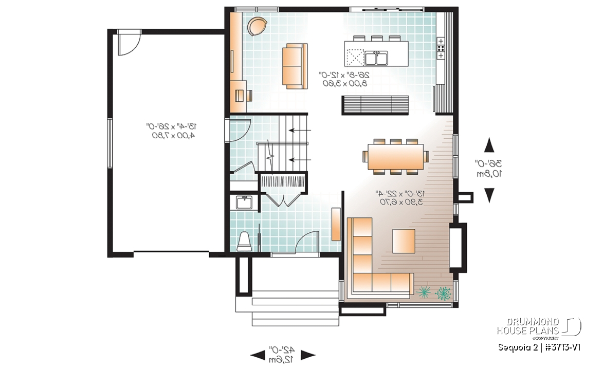 1st level - Affordable Modern home plan, garage, 3 beds, 1.5 baths, family &amp; living rooms, 9' ceiling on main, fireplace - Sequoia 2