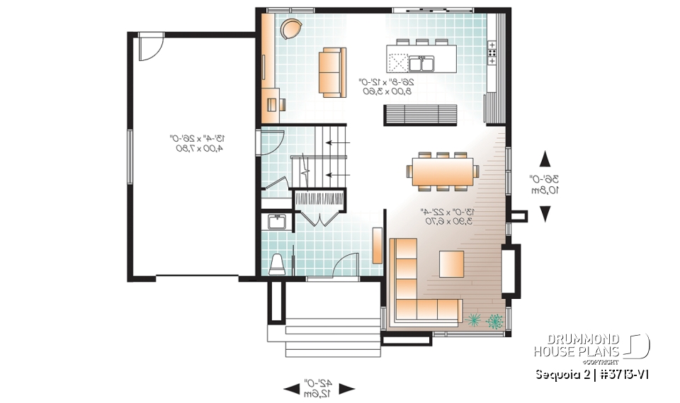 1st level - Affordable Modern home plan, garage, 3 beds, 1.5 baths, family &amp; living rooms, 9' ceiling on main, fireplace - Sequoia 2
