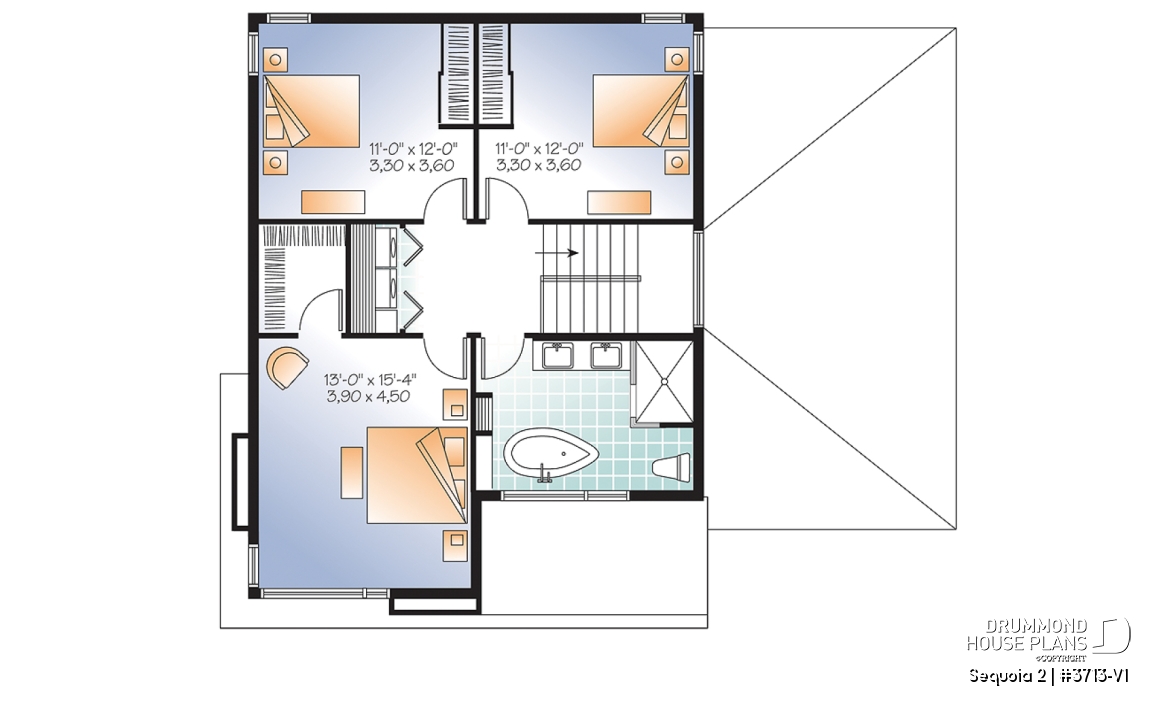 2nd level - Affordable Modern home plan, garage, 3 beds, 1.5 baths, family &amp; living rooms, 9' ceiling on main, fireplace - Sequoia 2